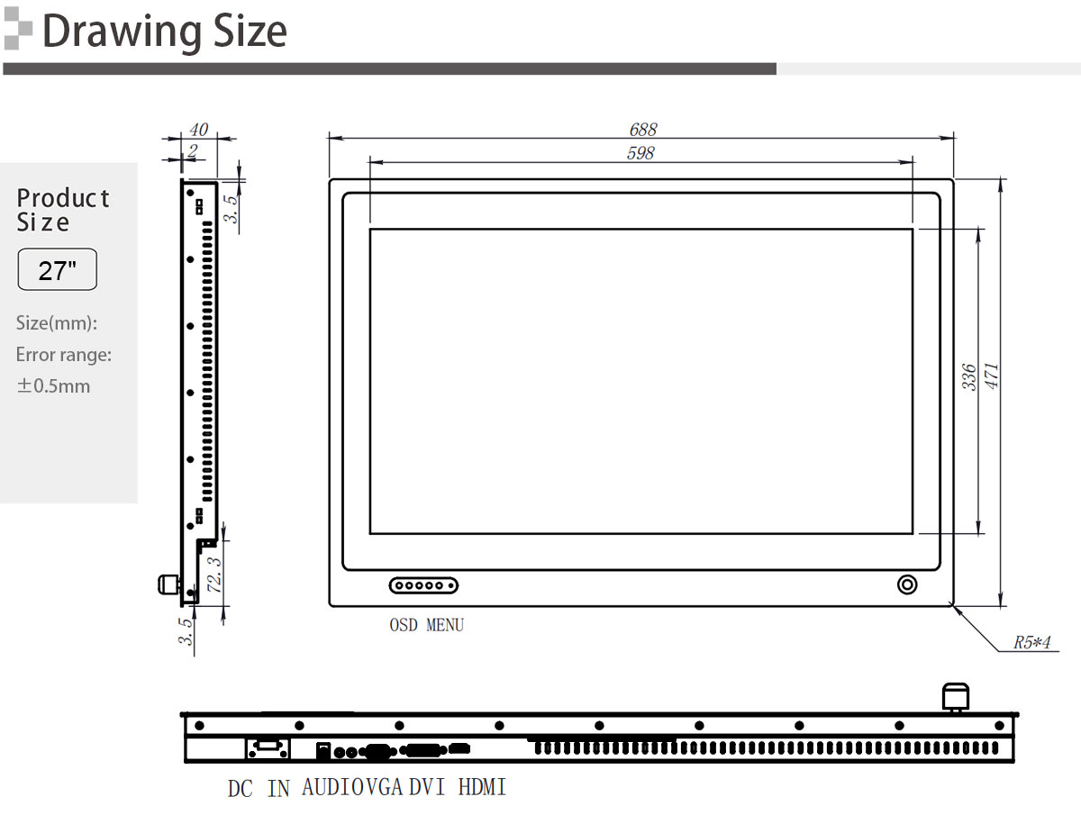 27" stainless steel monitor touch screen with dimmer for adjust brightness