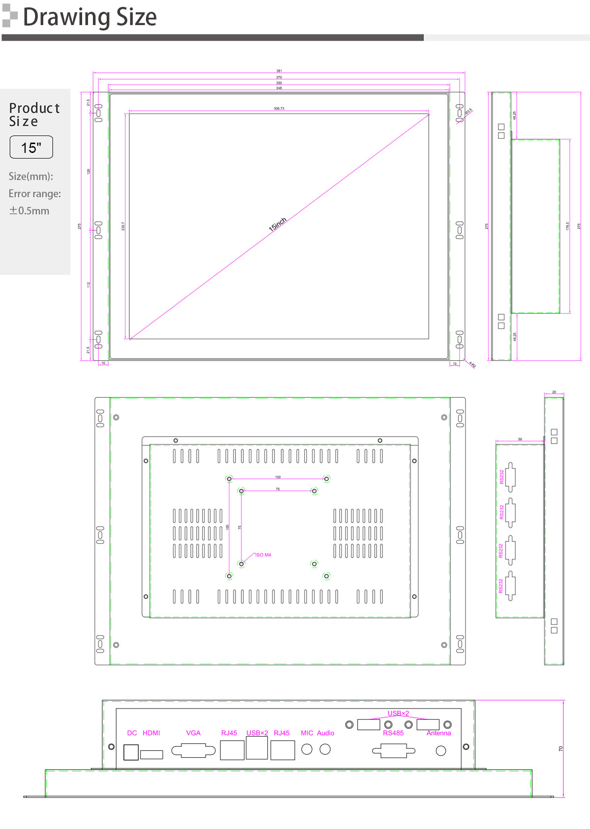 Open frame 15'' 1000 nits touch panel PC for parking equipment