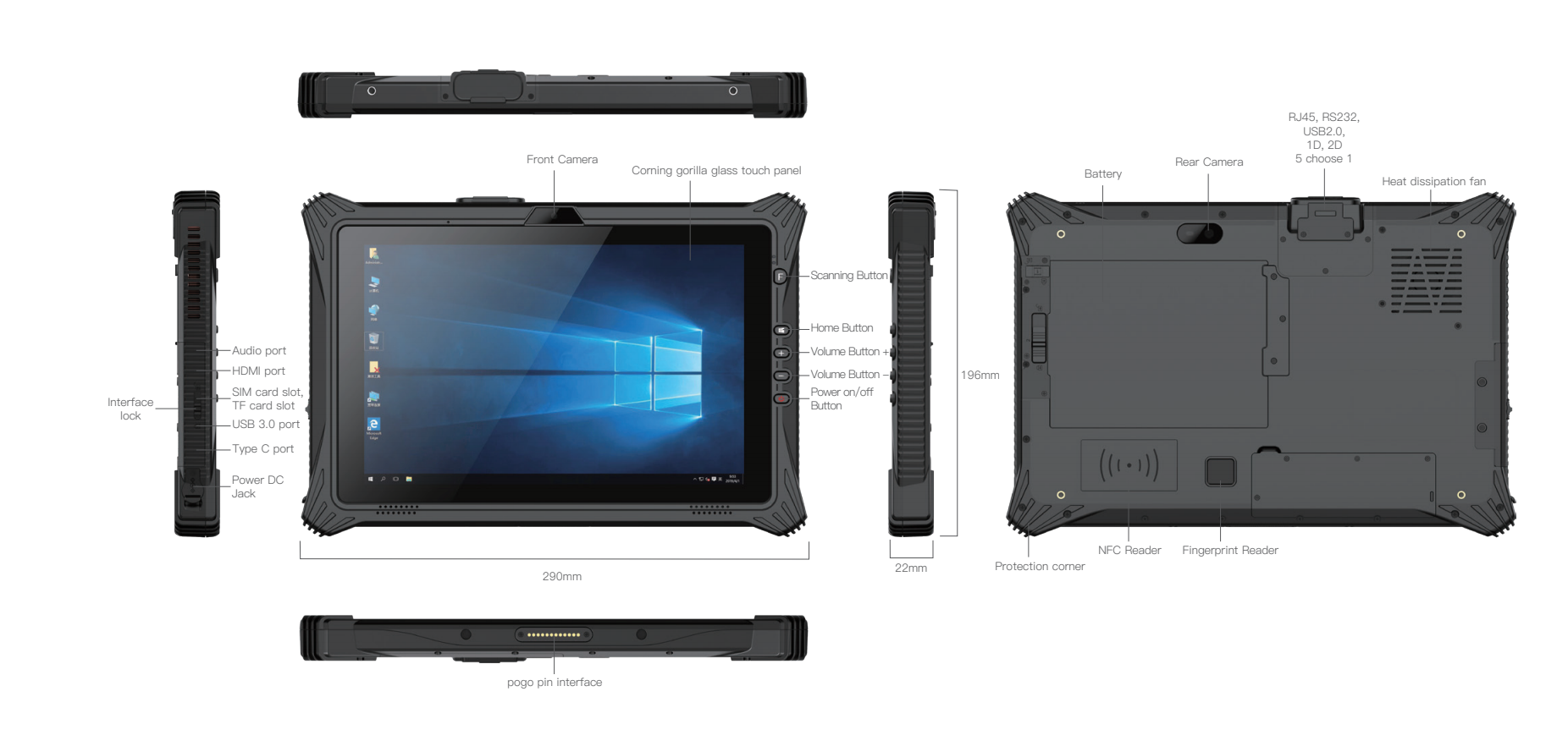 10.1" Rugged Tablet for Windows with NFC 4G GPS WIFI