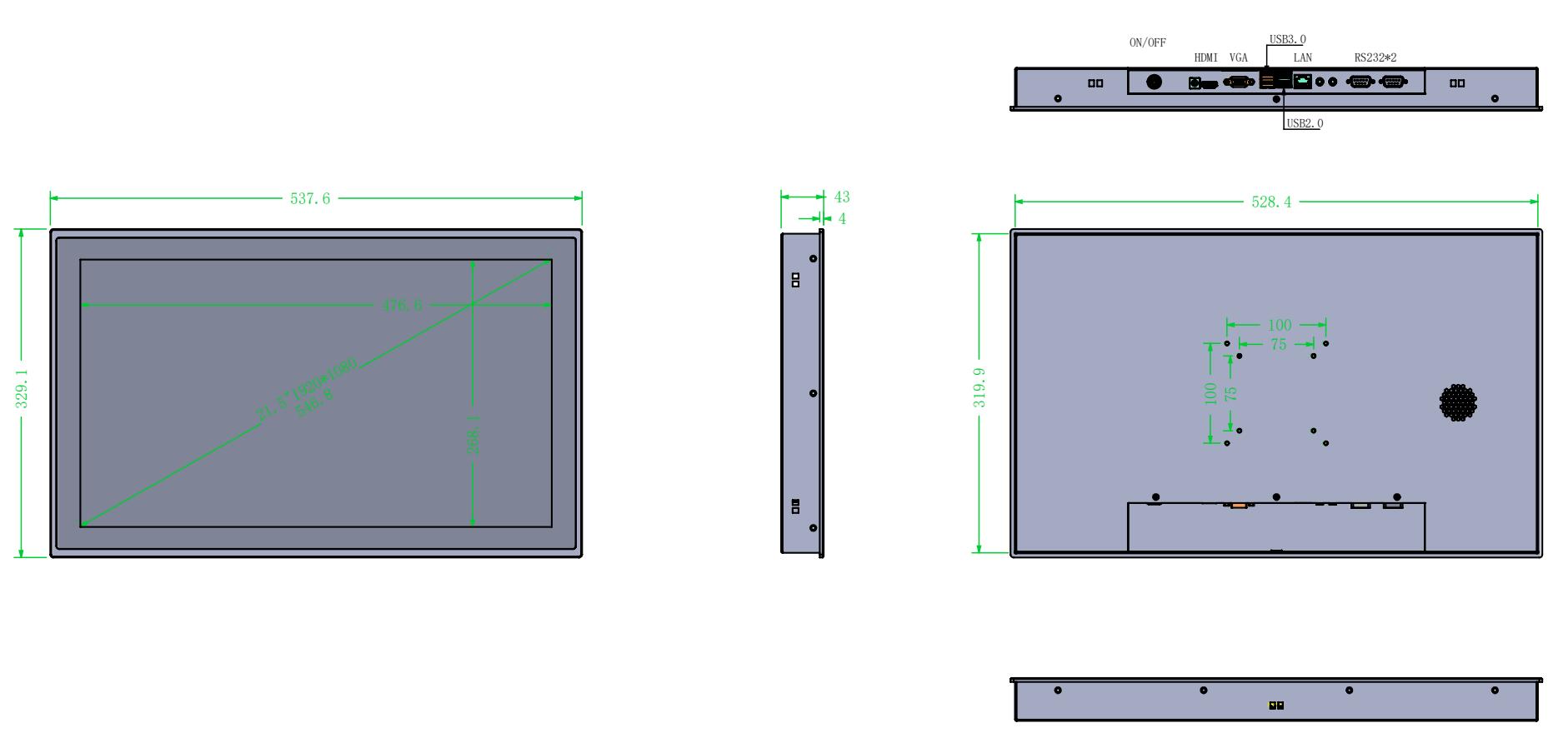 1000 nits Industrial LCD Screen Panel PC Memory 8GB SSD 128GB